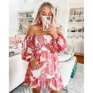Off-Shoulder Red Paisley Dress